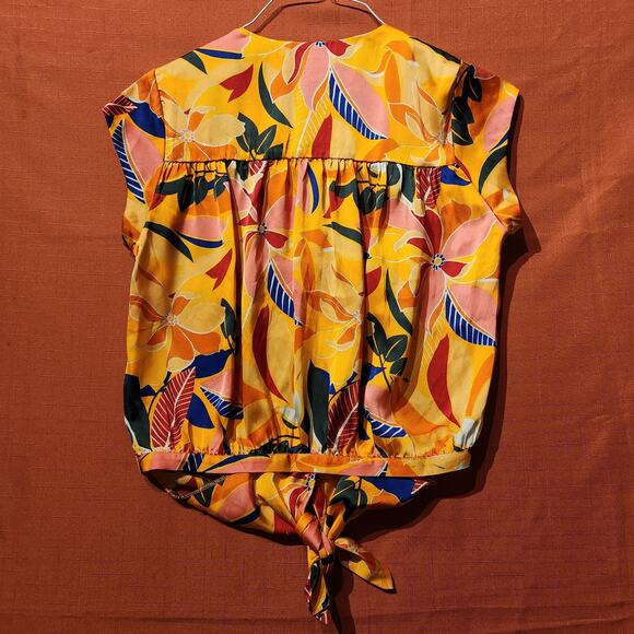 DR2 Sz Small Bright Yellow Floral Tie Front Short Sleeve Top Tropical Bohemian - Picture 2 of 9